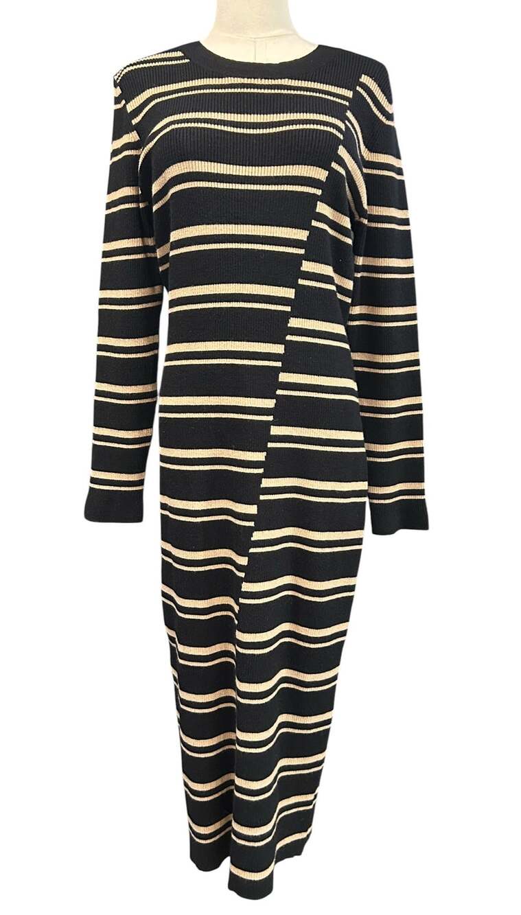 Arna York Marly Stripe Sweater Dress NWT Black Tan Ribbed Midi Maxi NWT Size 18